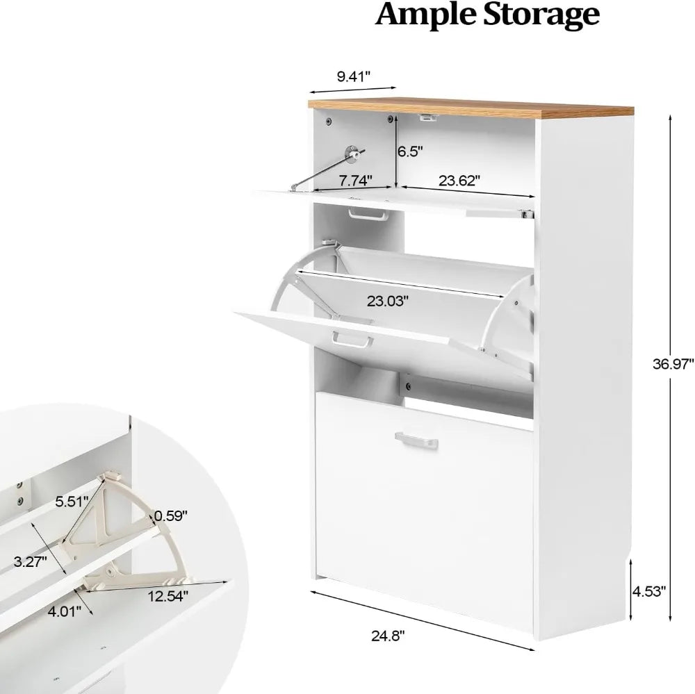 Shoe Cabinet Storage for Entryway Ultra Slim with 2 Flip &1Drop-Down Drawers, 24.8" W Narrow Shoe Cabinet for Front Door