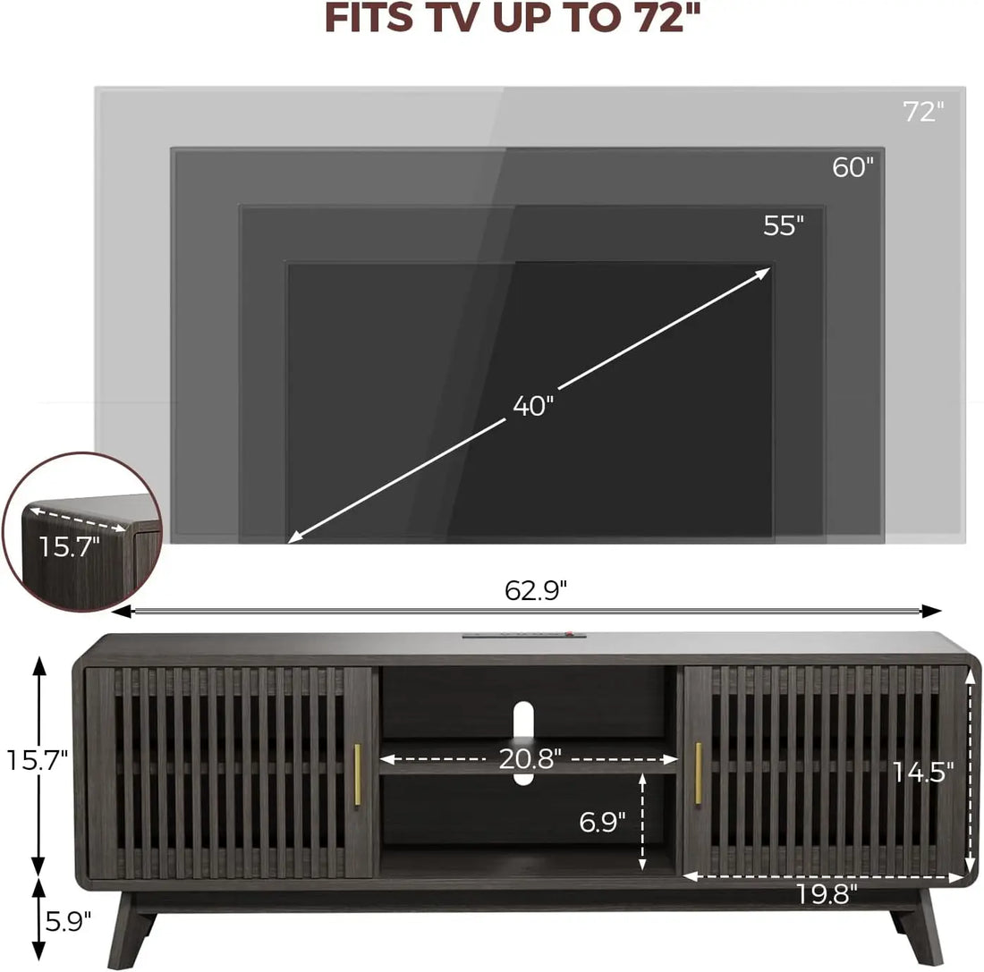 IRONCK 63'' TV Stand for TVs Up to 70", TV Console with 2 Sliding Doors in Grille Design & Charging Station, for Living Room