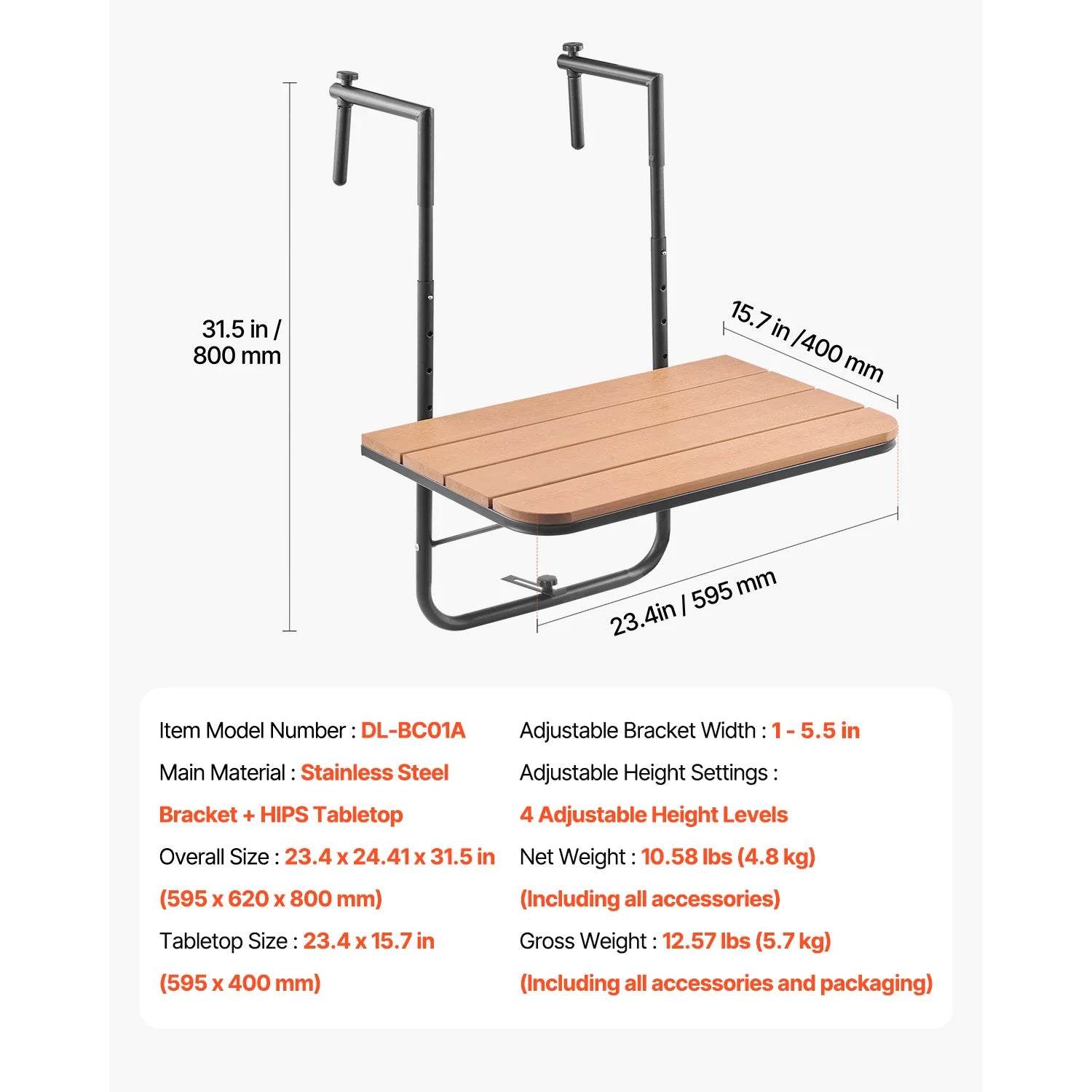 SucceBuy Balcony Hanging Table Folding Balcony Railing Table Outdoor Balcony Bar Table for Railings Serving Table for Patio Deck
