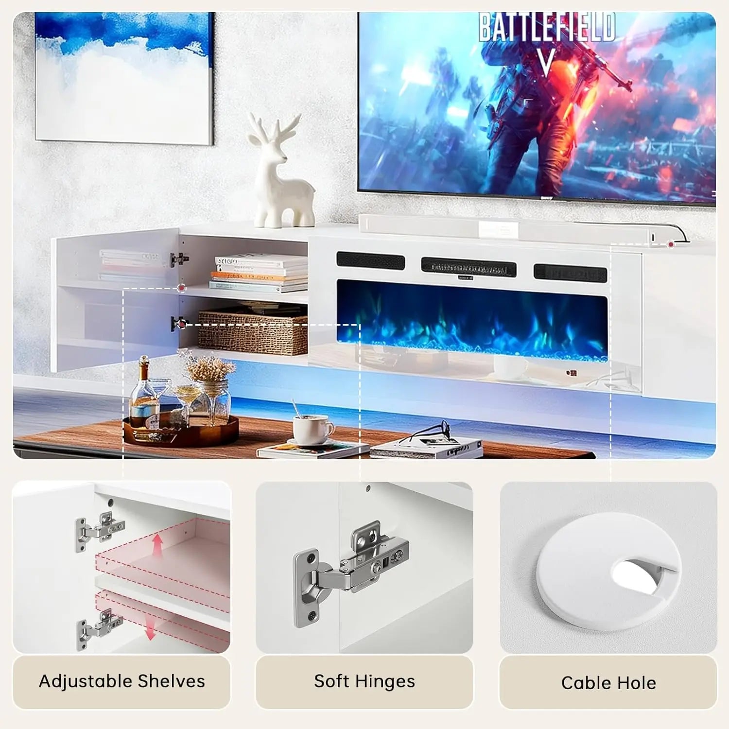 70in Wall Mount Floating TV Stand Console Electric Fireplace 36in 12-Color LED Storage Fit 80in TVs Living Room White Customized