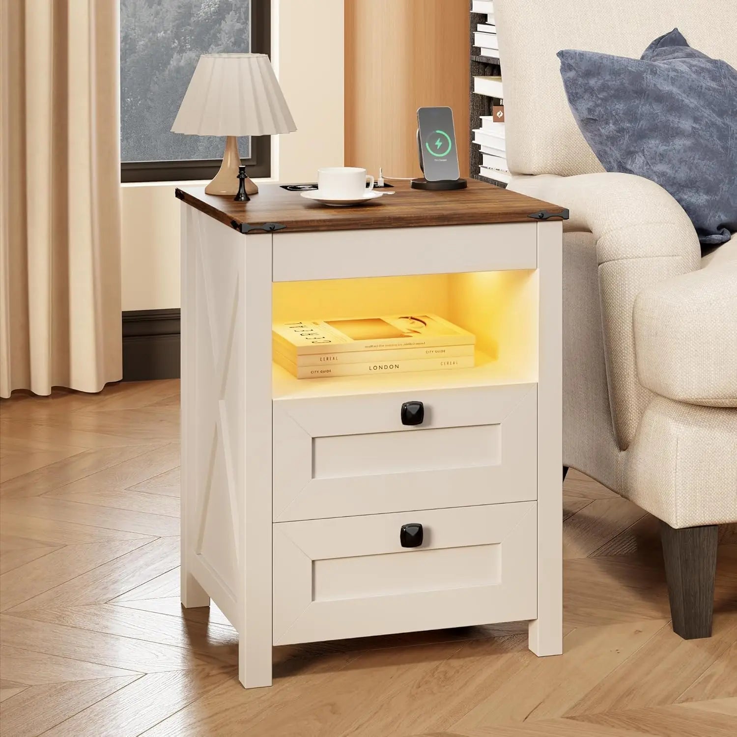 LED Nightstand Set of 2 with Gun Drawer: Bedside Table with Charging Station for Bedroom Furniture – Farmhouse, Customized