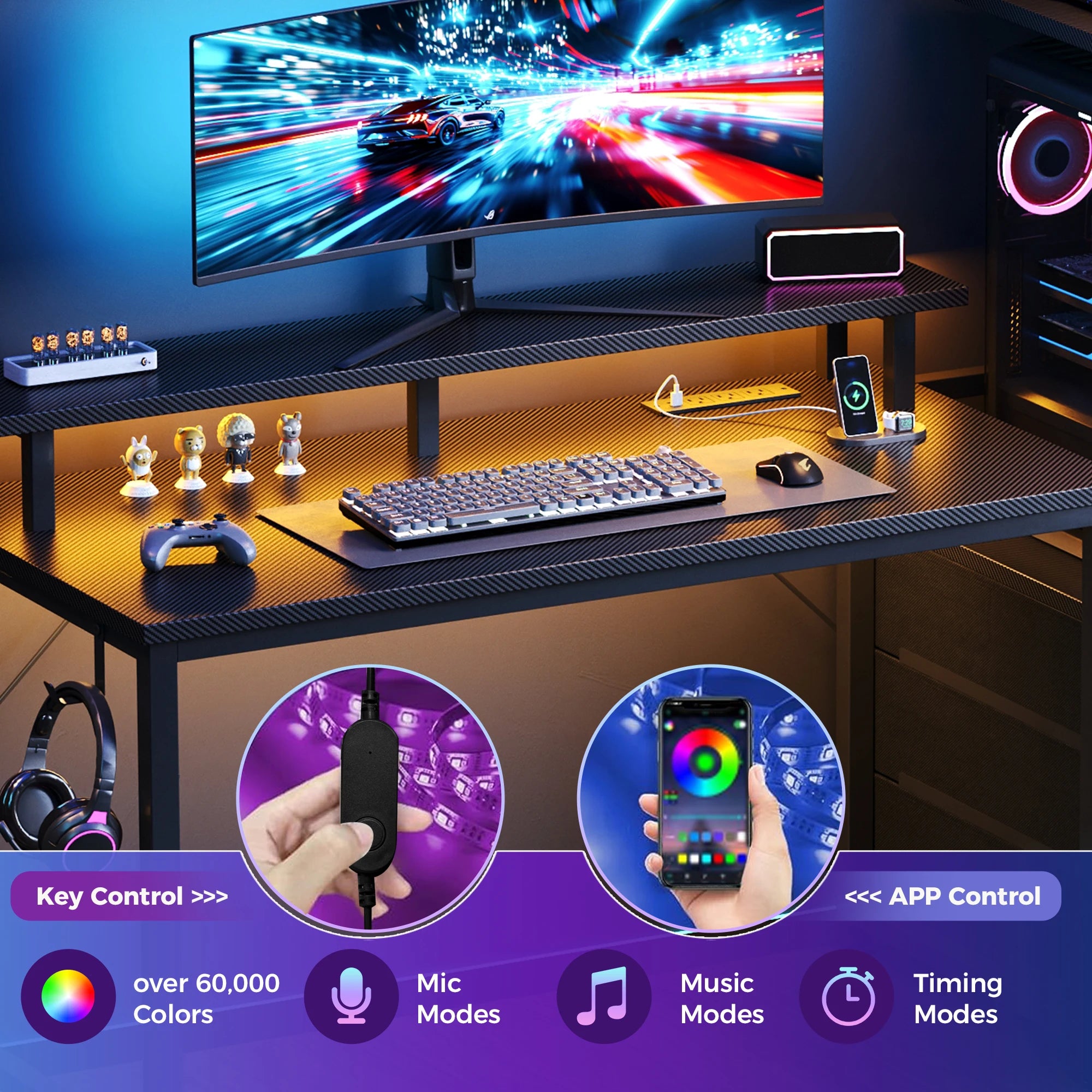 52In to 59In Gaming Desk with 3 Storage Drawers Wood Office Computer Desks with LED Lights Power Outlets for Office Bedroom