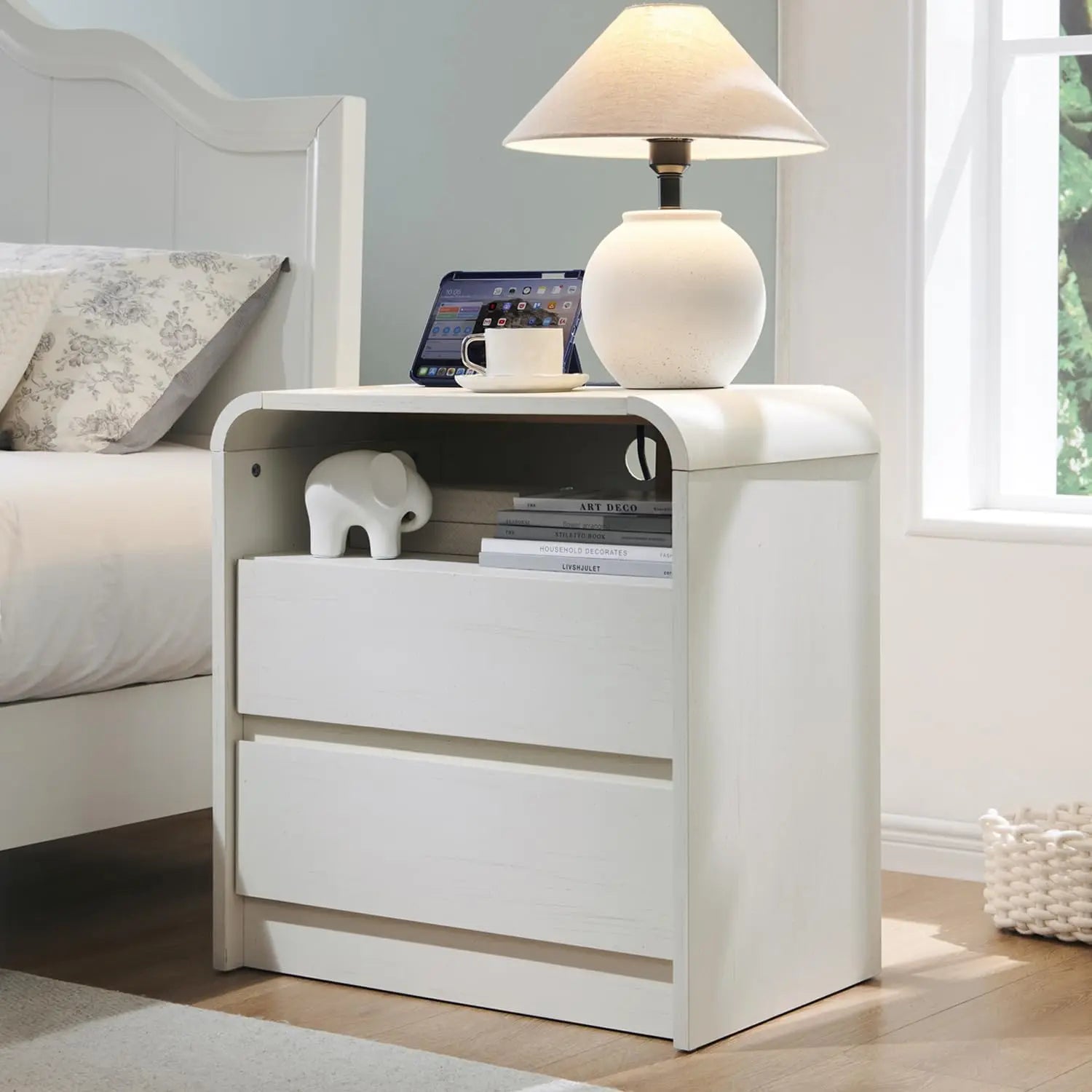 25" Tall Modern Nightstand with Charging Station, 23.6'' Wide Wood Bedside Table w/2 Storage Drawers,for Bedroom, Living Room