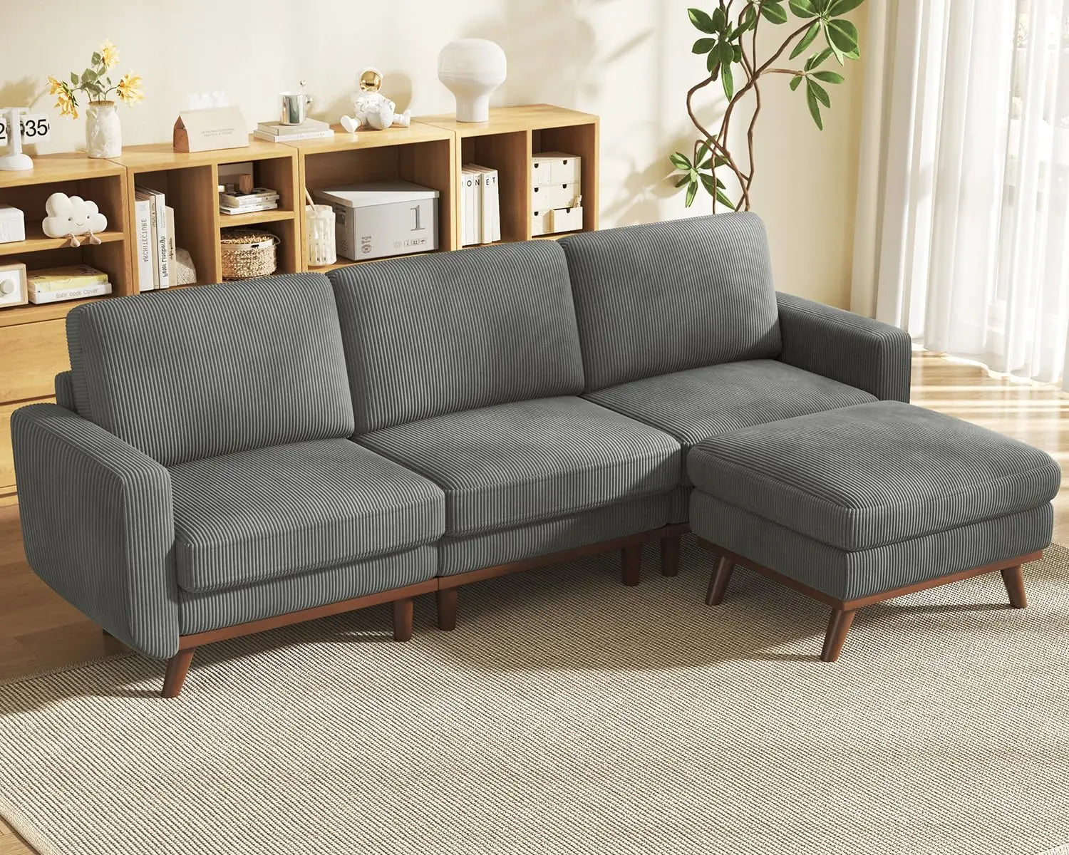 97" L-Shape Modular Sectional Sofa 3-Seat Corduroy Movable Ottoman Living Room Green, Customized