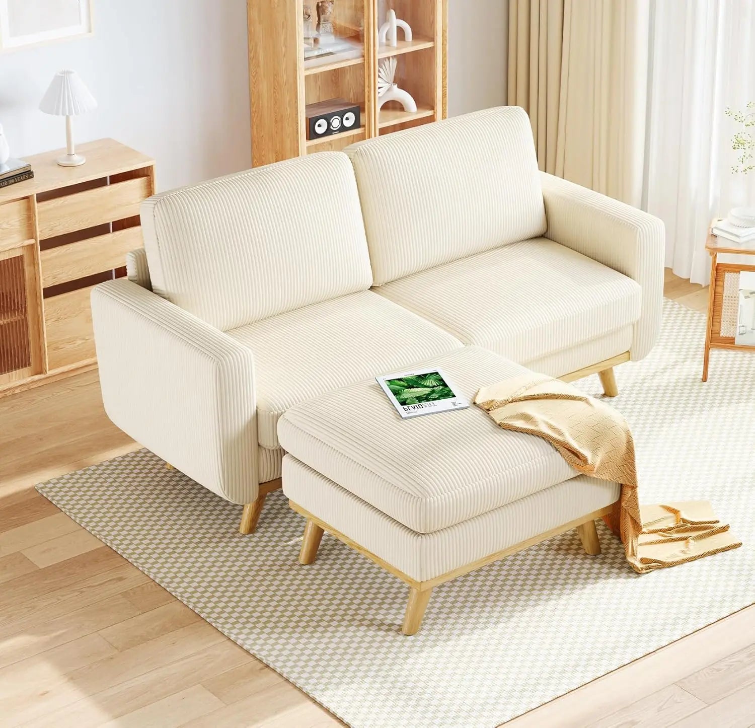 97" L-Shape Modular Sectional Sofa 3-Seat Corduroy Movable Ottoman Living Room Green, Customized