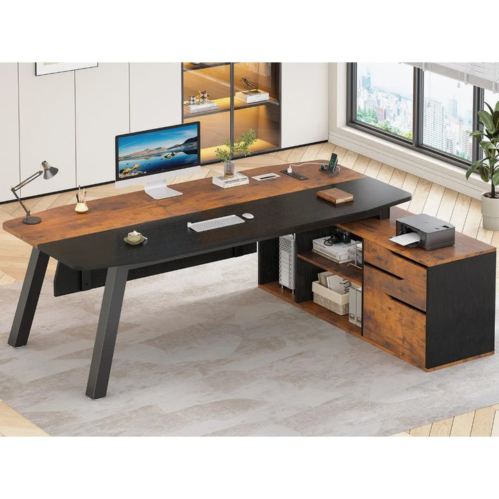71" Executive Desk with File Cabinet, Large Office Desk with Drawers and Shelves, L Shaped Computer Desk with Power, Customized