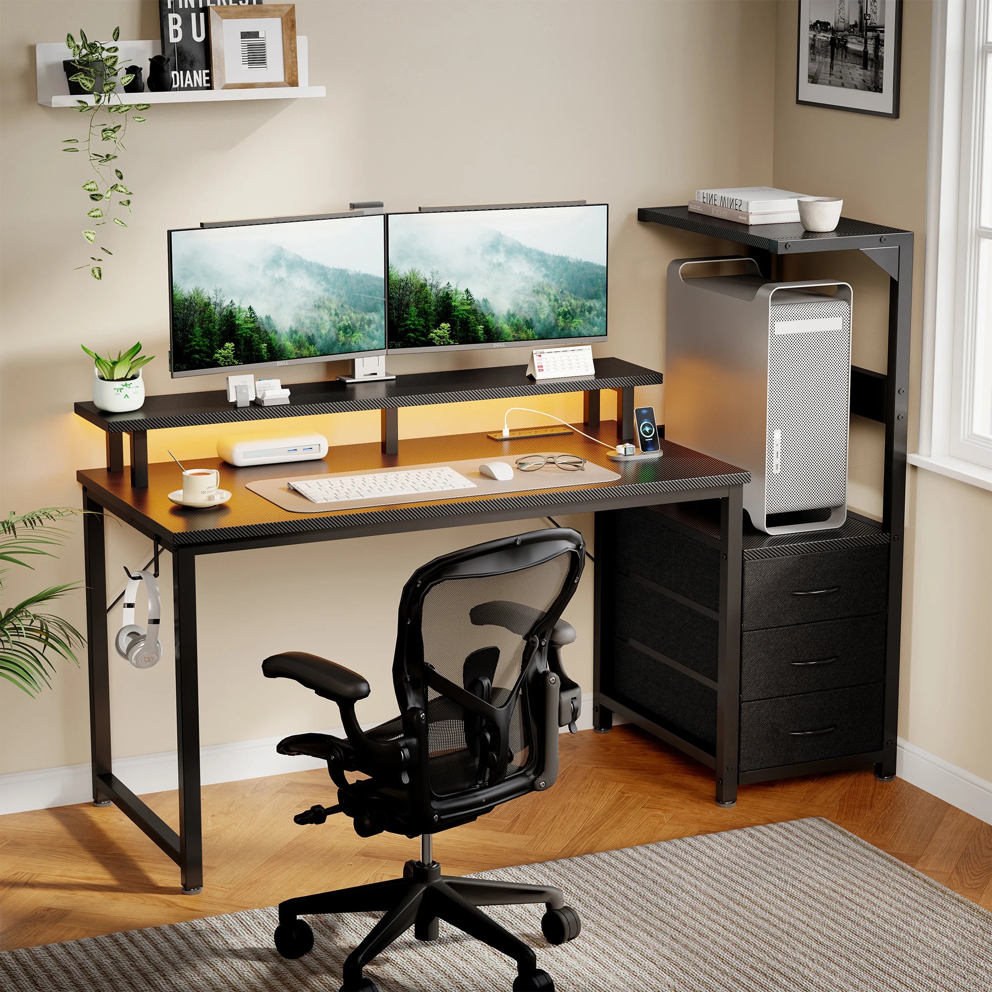 52In to 59In Gaming Desk with 3 Storage Drawers Wood Office Computer Desks with LED Lights Power Outlets for Office Bedroom