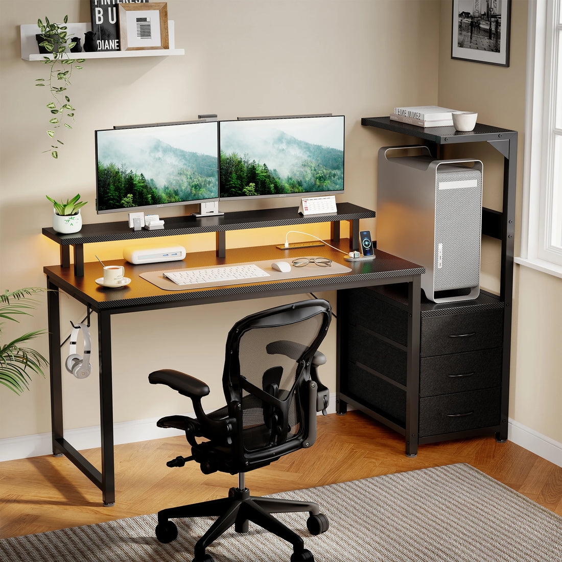 52In to 59In Gaming Desk with 3 Storage Drawers Wood Office Computer Desks with LED Lights Power Outlets for Office Bedroom