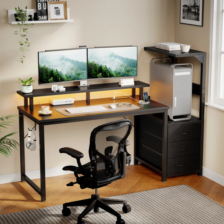 52In to 59In Gaming Desk with 3 Storage Drawers Wood Office Computer Desks with LED Lights Power Outlets for Office Bedroom