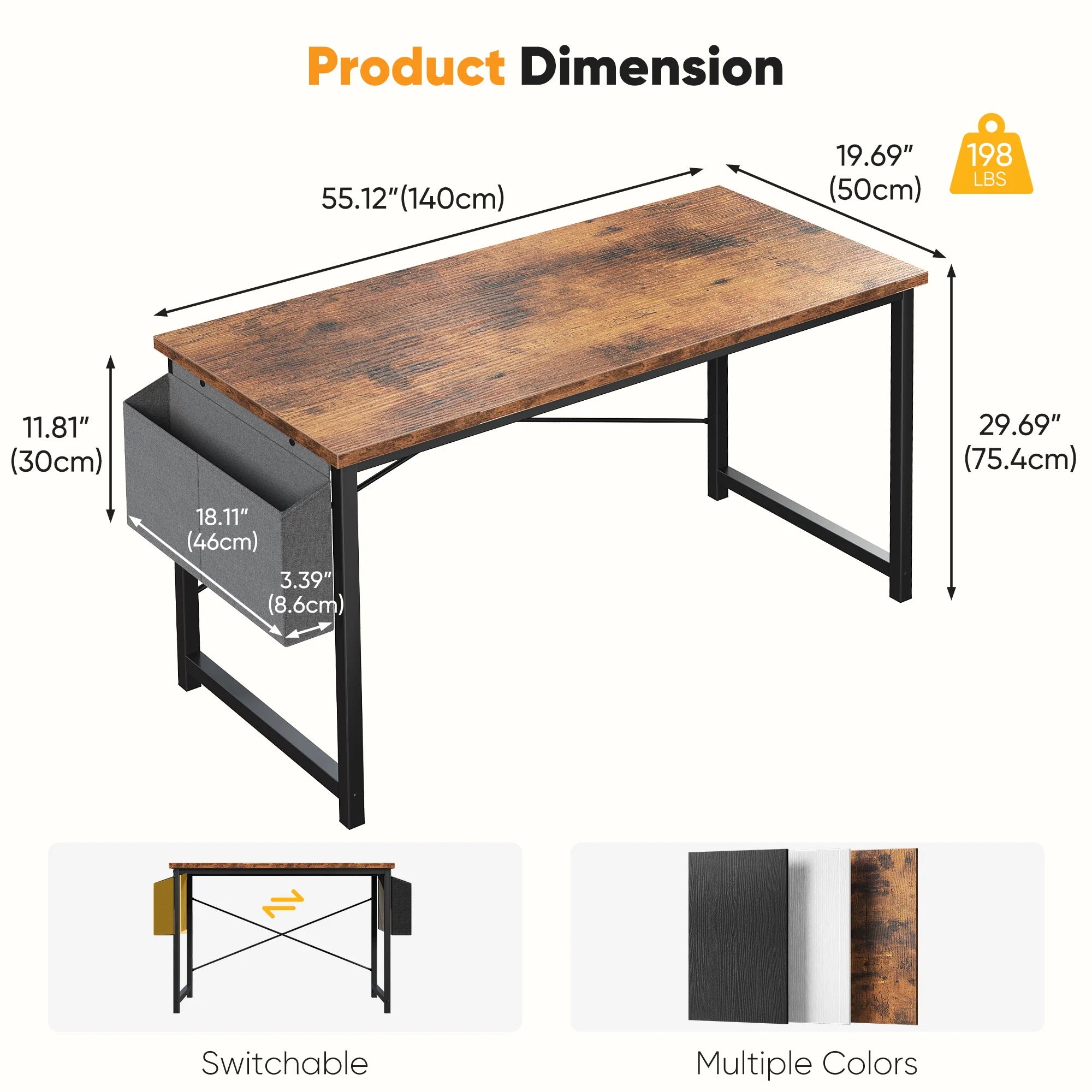 31IN to 55IN Computer Office Desk Writing Study Office Gaming Table with Storage Bag Metal Frame Wood Tabletop Easy Assembly