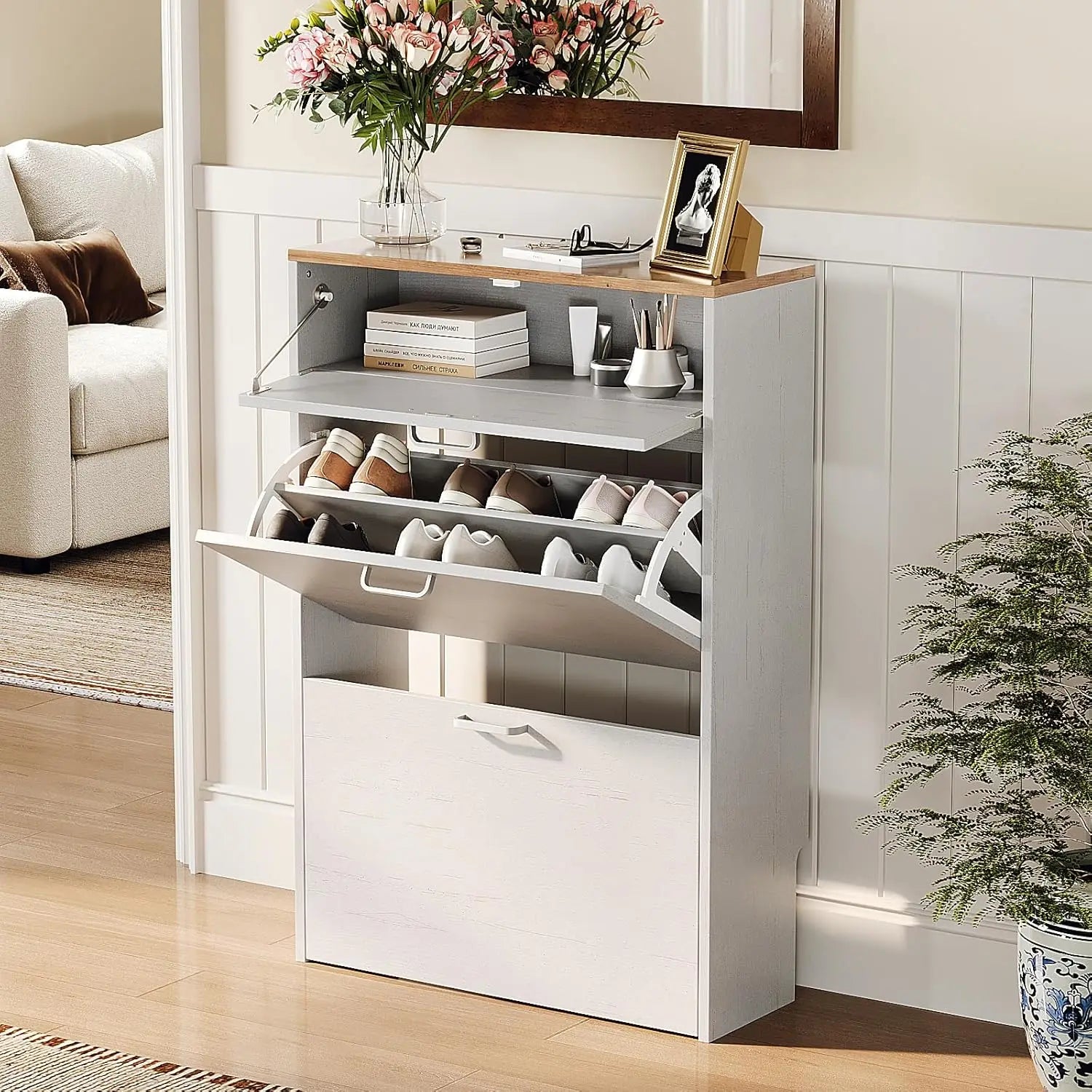 Shoe Cabinet Storage for Entryway Ultra Slim with 2 Flip &1Drop-Down Drawers, 24.8" W Narrow Shoe Cabinet for Front Door