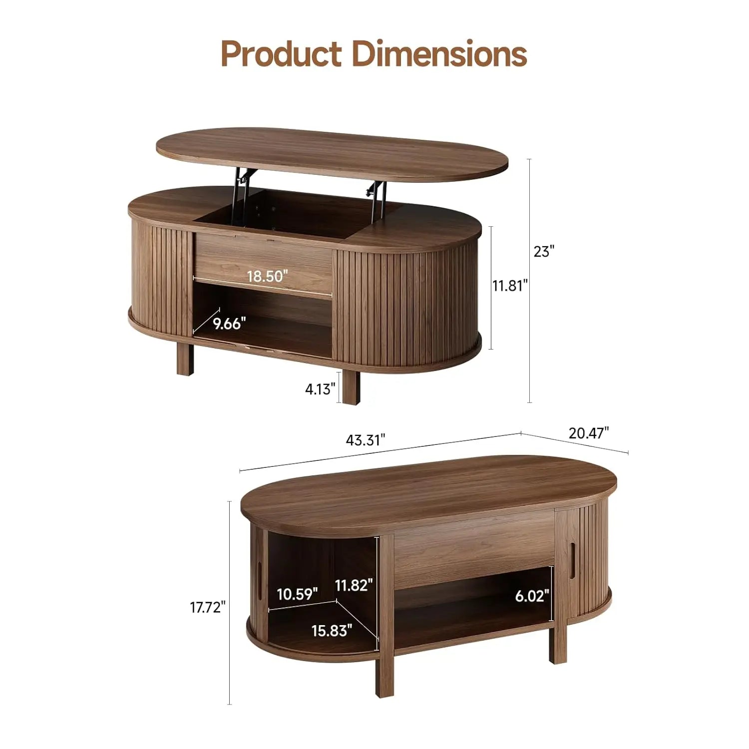 43.3" Oval Lift Top Coffee Table with Hidden Compartment, Fluted Wood Coffee Table with Sliding Door,Customized