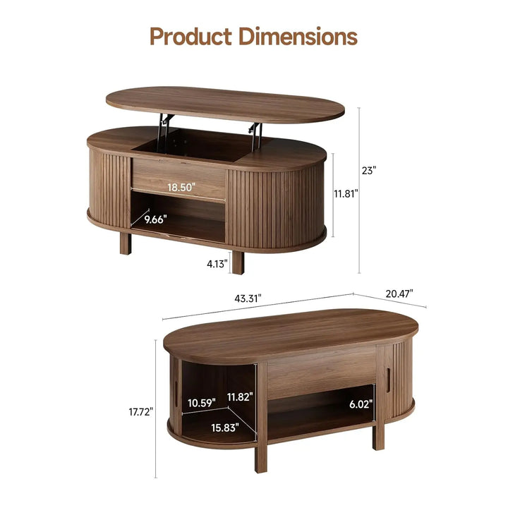 43.3" Oval Lift Top Coffee Table with Hidden Compartment, Fluted Wood Coffee Table with Sliding Door,Customized