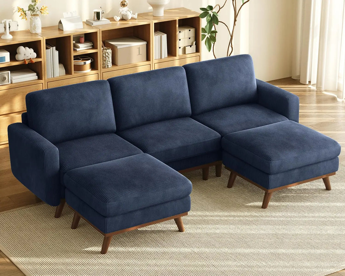97" L-Shape Modular Sectional Sofa 3-Seat Corduroy Movable Ottoman Living Room Green, Customized