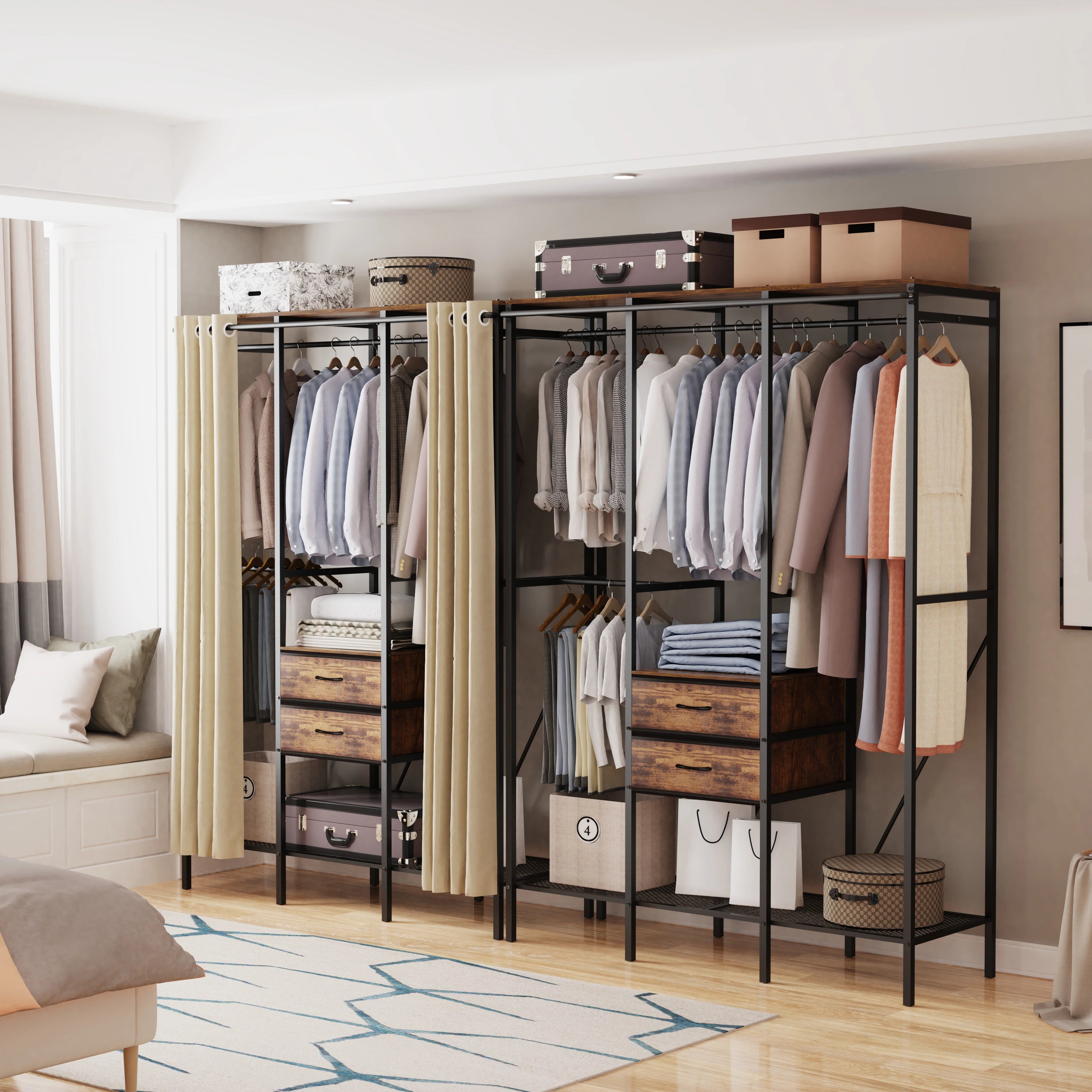 Industrial Coat Rack Stand, Open Wardrobe, Clothes Rail with 2 Drawer and Shelves, Bedroom Storage, Hanging Bar, XXL