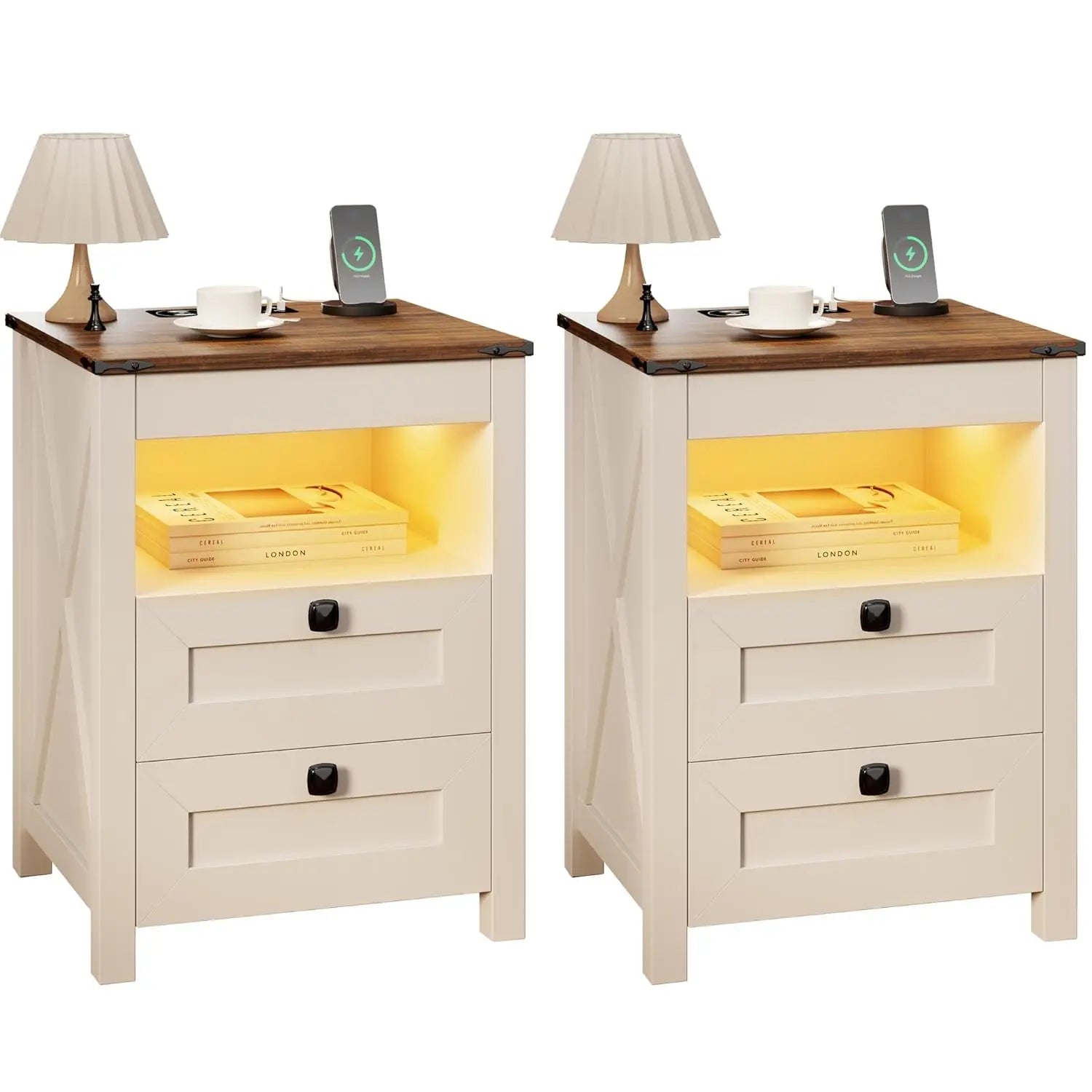 LED Nightstand Set of 2 with Gun Drawer: Bedside Table with Charging Station for Bedroom Furniture – Farmhouse, Customized