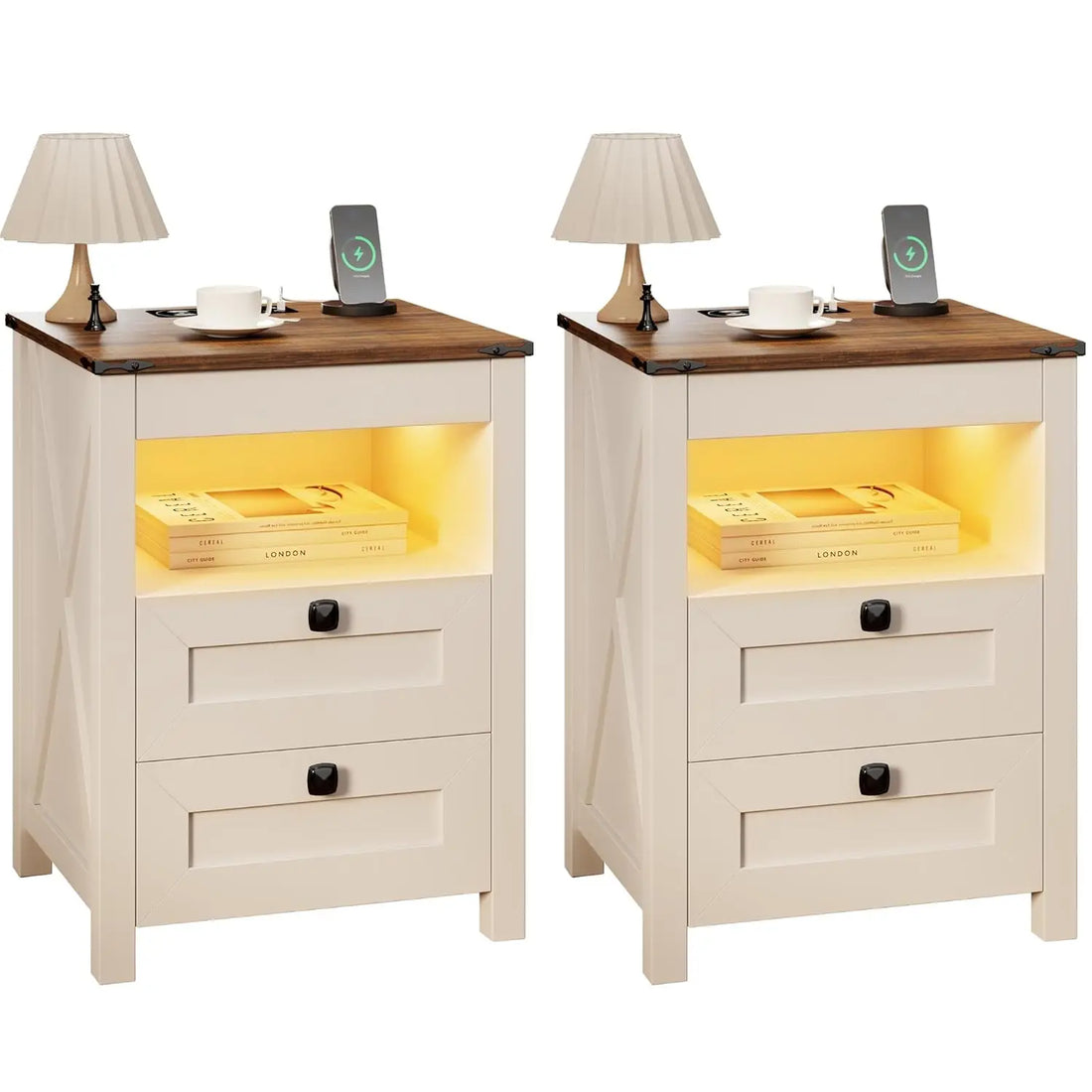LED Nightstand Set of 2 with Gun Drawer: Bedside Table with Charging Station for Bedroom Furniture – Farmhouse, Customized