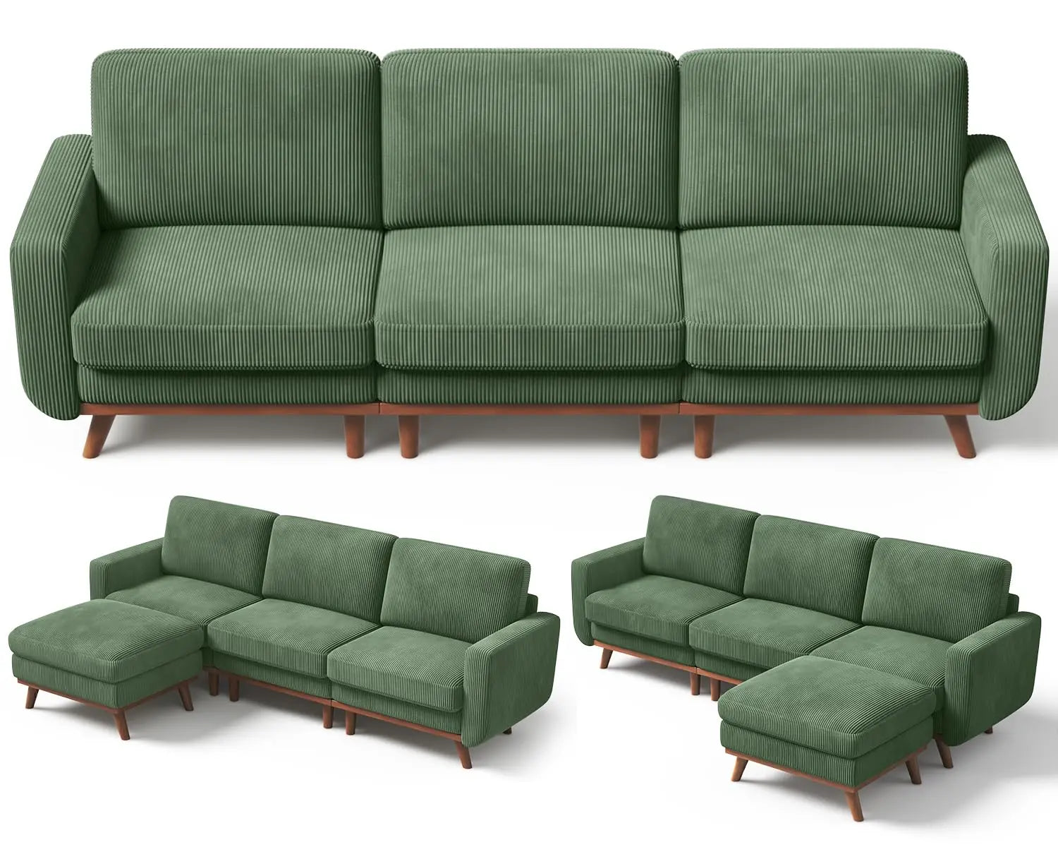 97" L-Shape Modular Sectional Sofa 3-Seat Corduroy Movable Ottoman Living Room Green, Customized