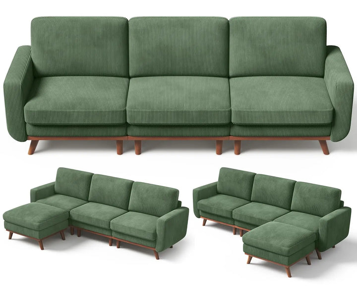 97" L-Shape Modular Sectional Sofa 3-Seat Corduroy Movable Ottoman Living Room Green, Customized