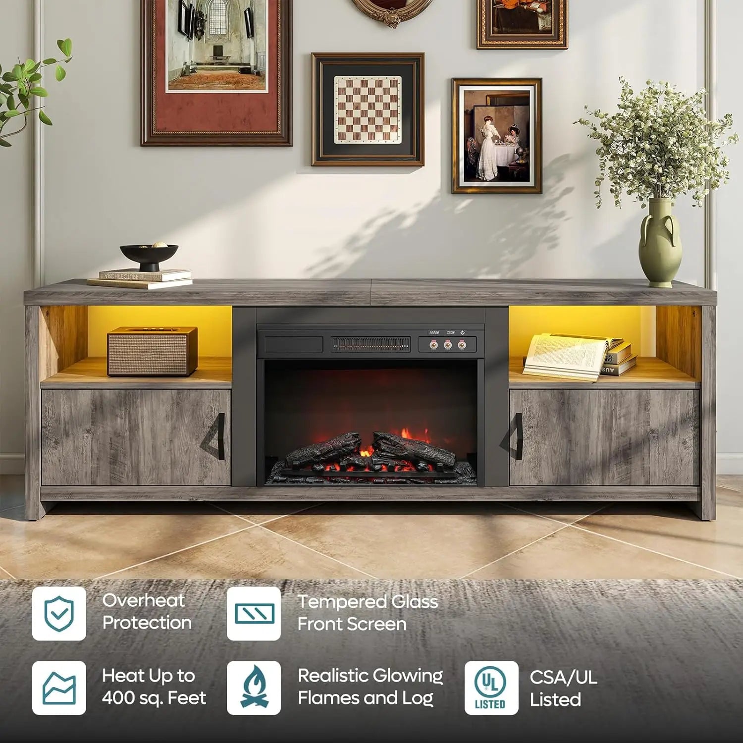70" Electric Fireplace TV Stand for TVs Up to 75", Modern Fireplace Entertainment Center with Storage Cabinets, LED, Customized