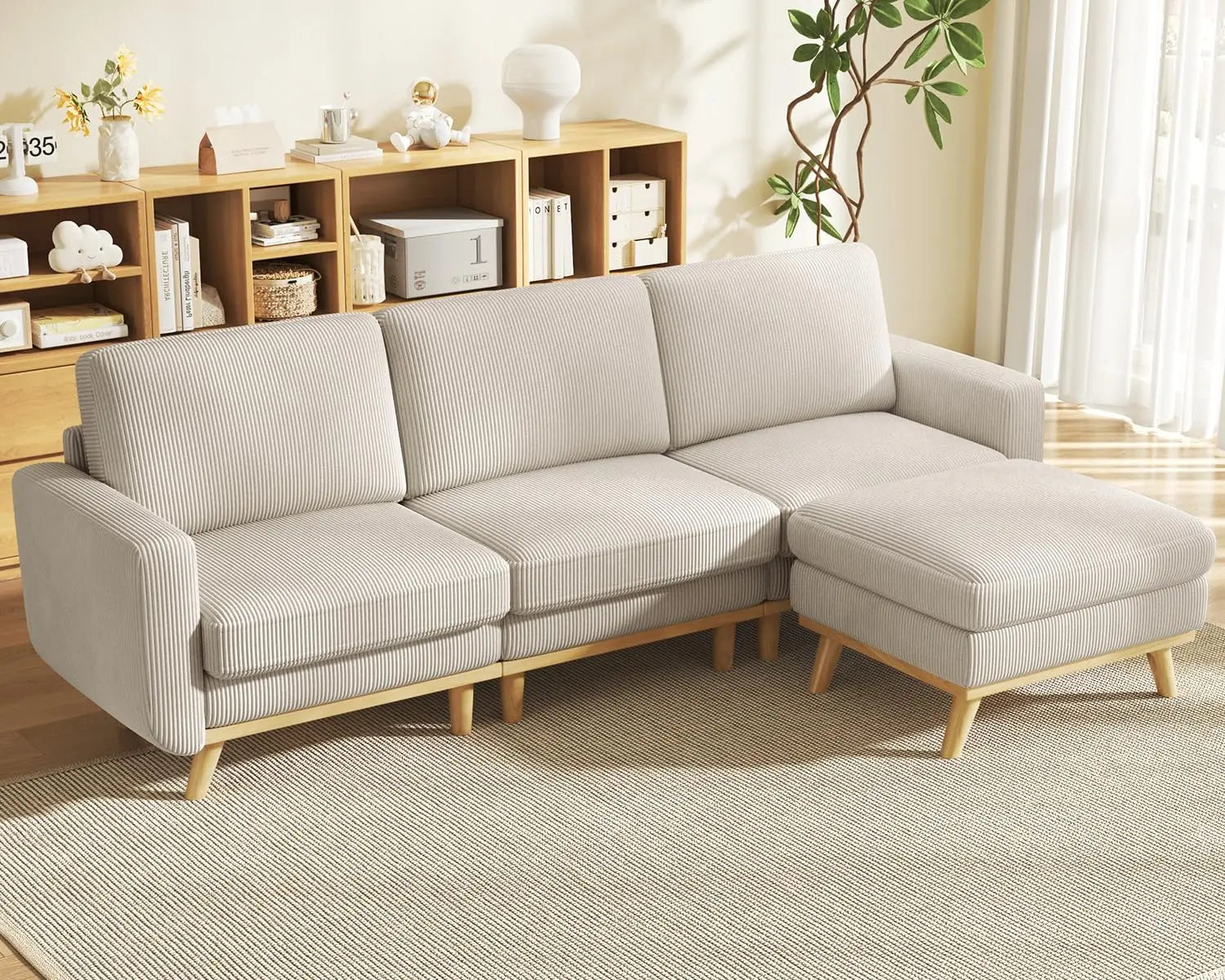 97" L-Shape Modular Sectional Sofa 3-Seat Corduroy Movable Ottoman Living Room Green, Customized