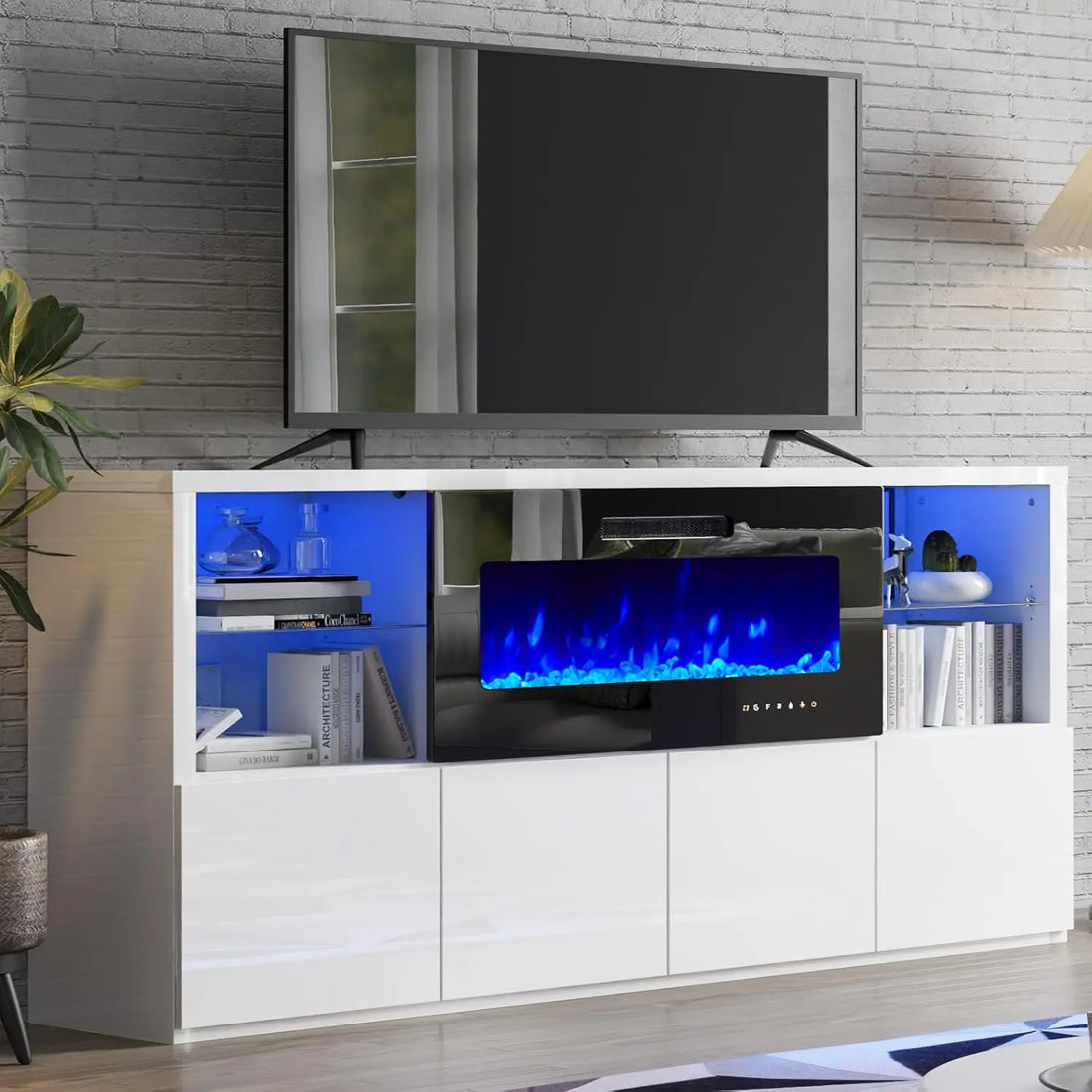 68" Modern High Gloss Fireplace TV Stand, Fireplace Entertainment Center with Fireplace & LED Lights for TVs up to 78",