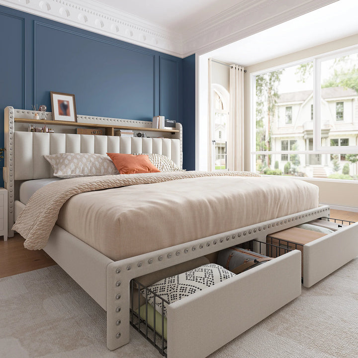Full/Queen/King Bed Frame with 2-Tier Storage Headboard & 2 Storage Drawers Upholstered Platform Bed Frame No Box Spring Needed