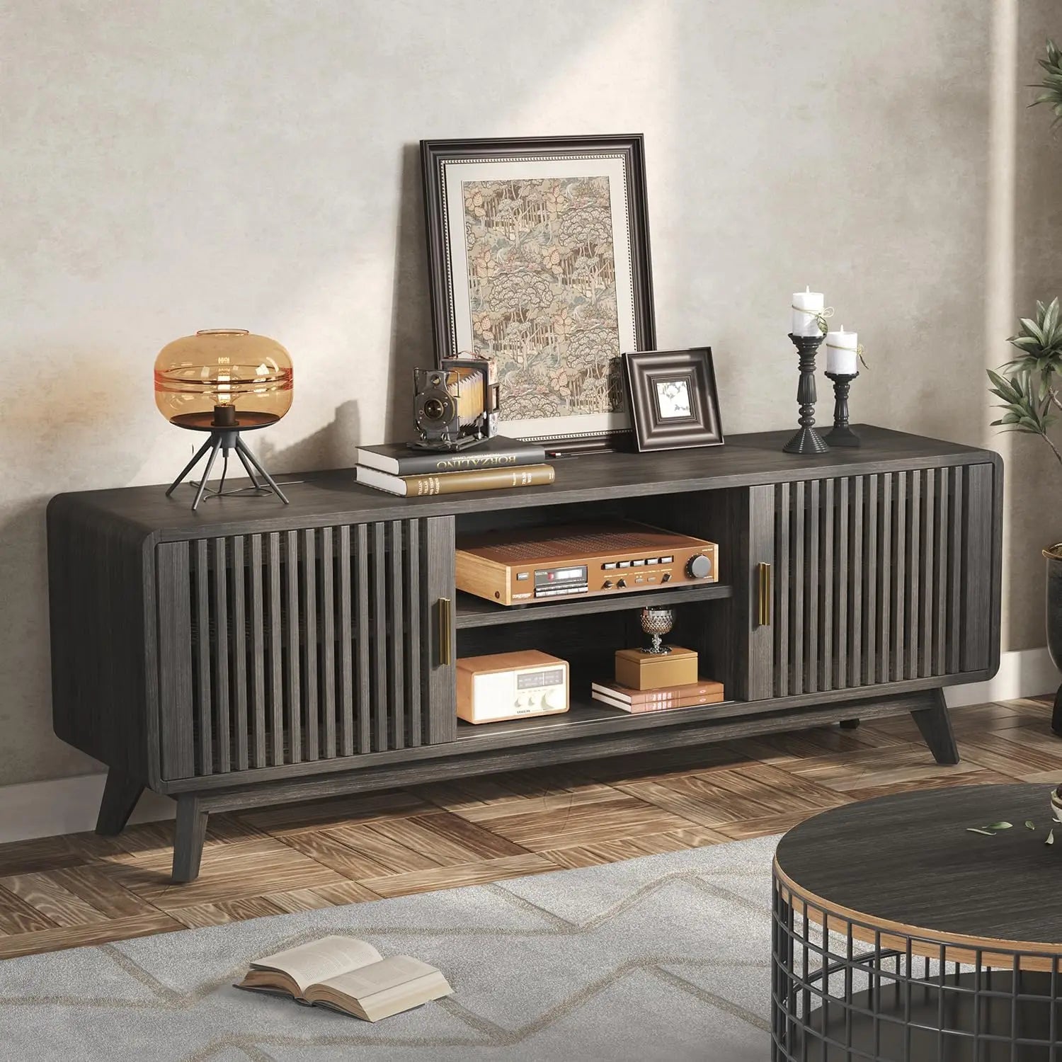 IRONCK 63'' TV Stand for TVs Up to 70", TV Console with 2 Sliding Doors in Grille Design & Charging Station, for Living Room