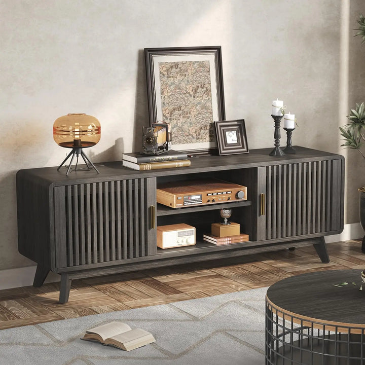 IRONCK 63'' TV Stand for TVs Up to 70", TV Console with 2 Sliding Doors in Grille Design & Charging Station, for Living Room