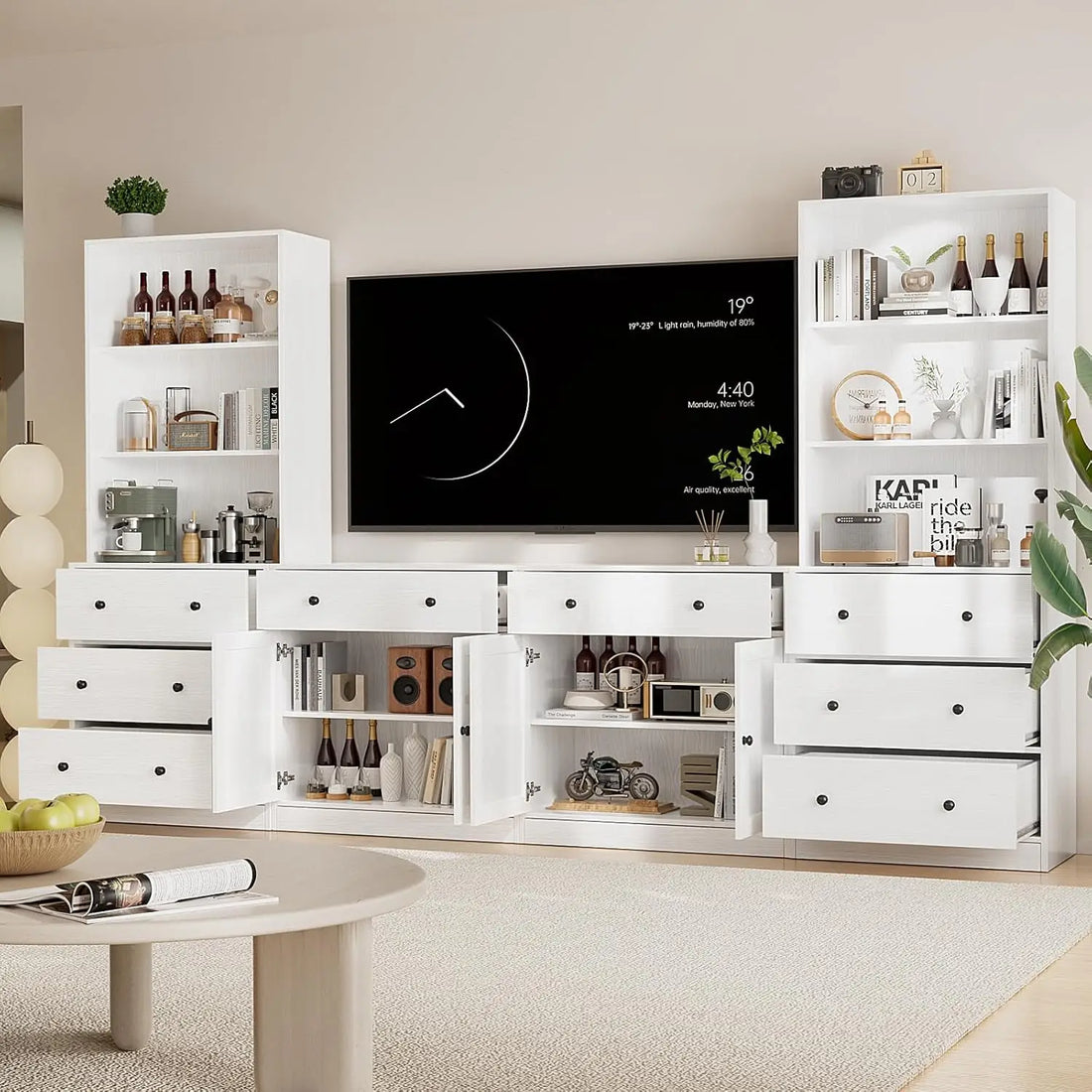 4-Piece Large TV Stand with Bookshelves for TVs up to 75", TV Entertainment Center Media Center with Tempered Glass Doors and Sh