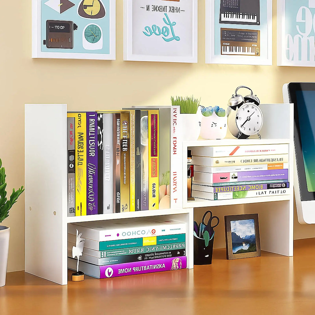 Desktop Shelf Organizer, Adjustable Wood Office Storage Rack, Counter Display Small Bookshelf for Home/Office/School(White)