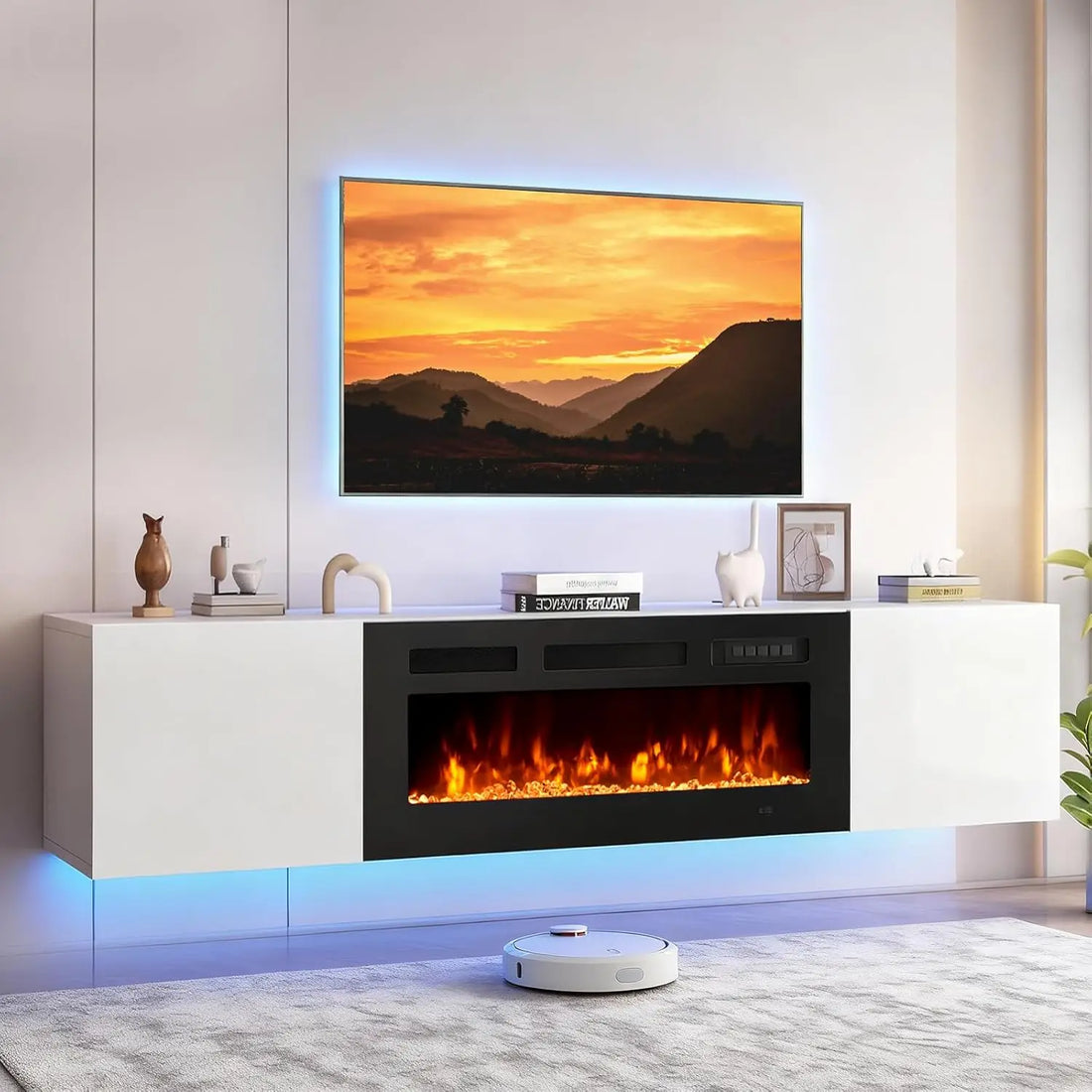 70in Wall Mount Floating TV Stand Console Electric Fireplace 36in 12-Color LED Storage Fit 80in TVs Living Room White Customized