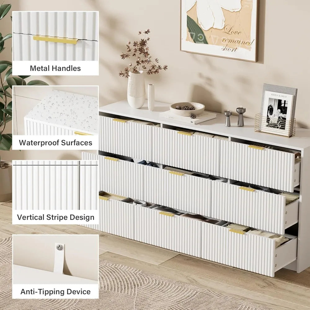 Dresser for Bedroom, Modern 9 Drawer Dresser with Smooth Slides and Gold Handles, Wide Bedroom Chest for Living Room