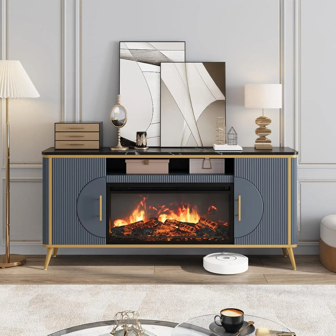 Modern Fluted TV Stand with Electric Fireplace for up to 80'' TVs Luxury Customizable Media Entertainment Center