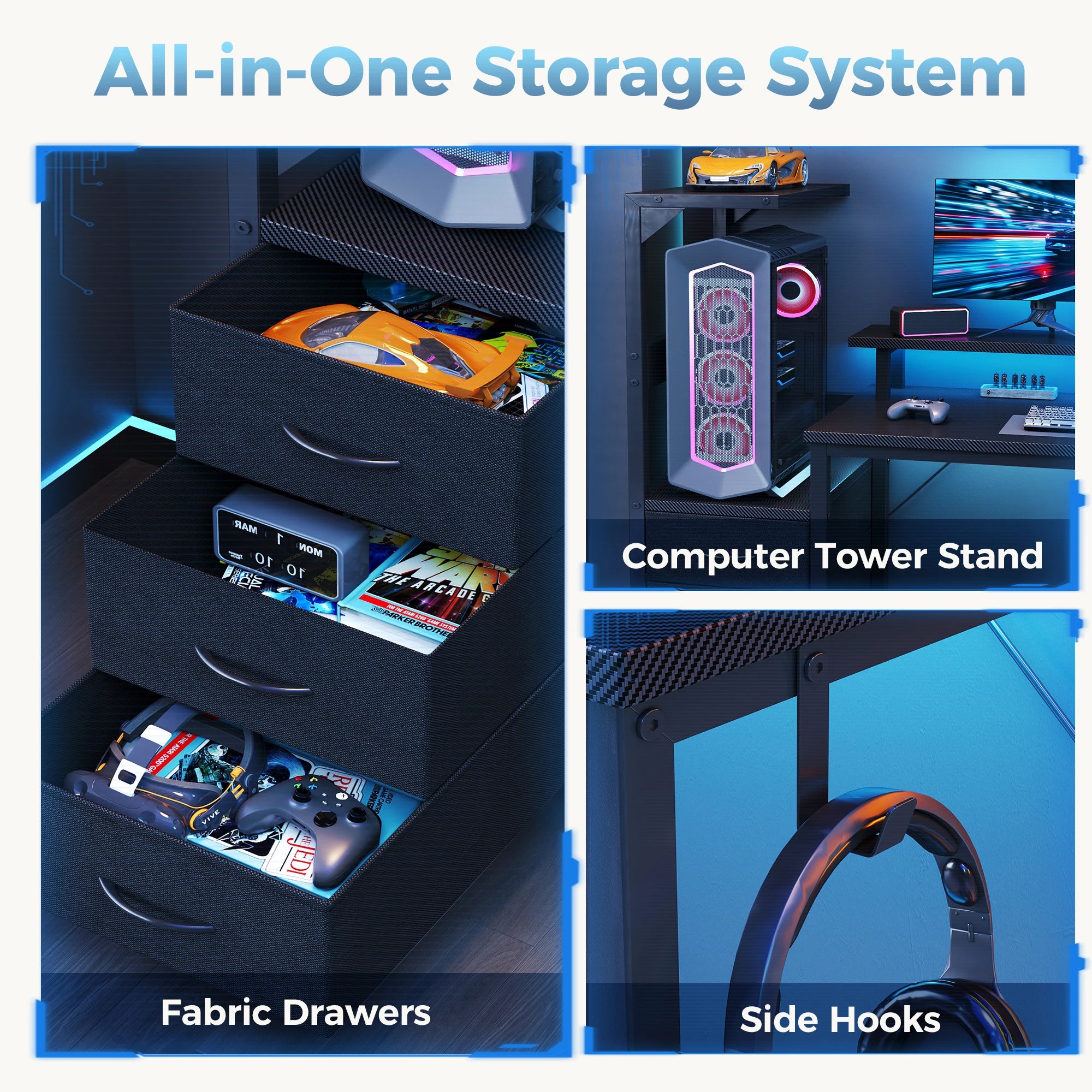 52In to 59In Gaming Desk with 3 Storage Drawers Wood Office Computer Desks with LED Lights Power Outlets for Office Bedroom