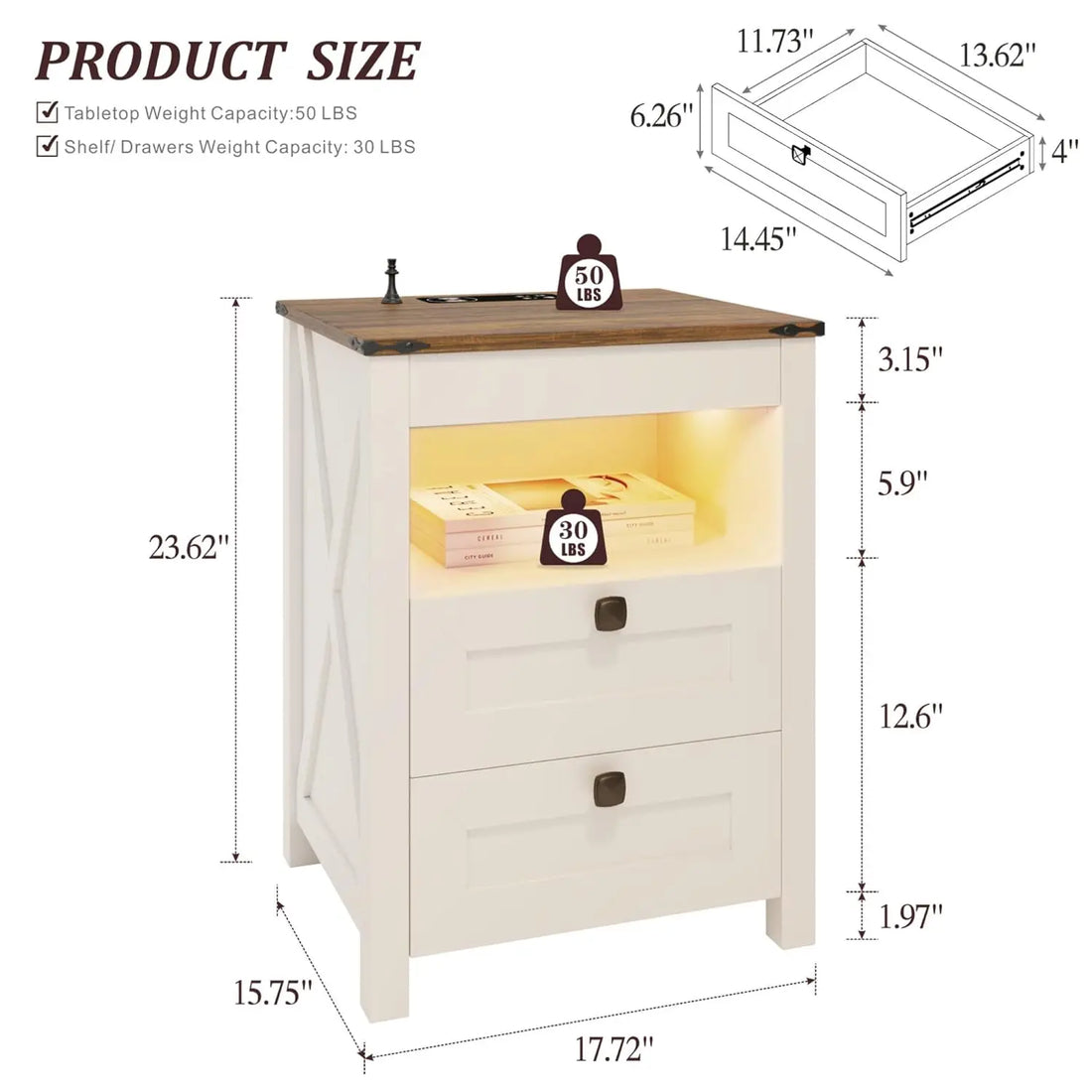 LED Nightstand Set of 2 with Gun Drawer: Bedside Table with Charging Station for Bedroom Furniture – Farmhouse, Customized