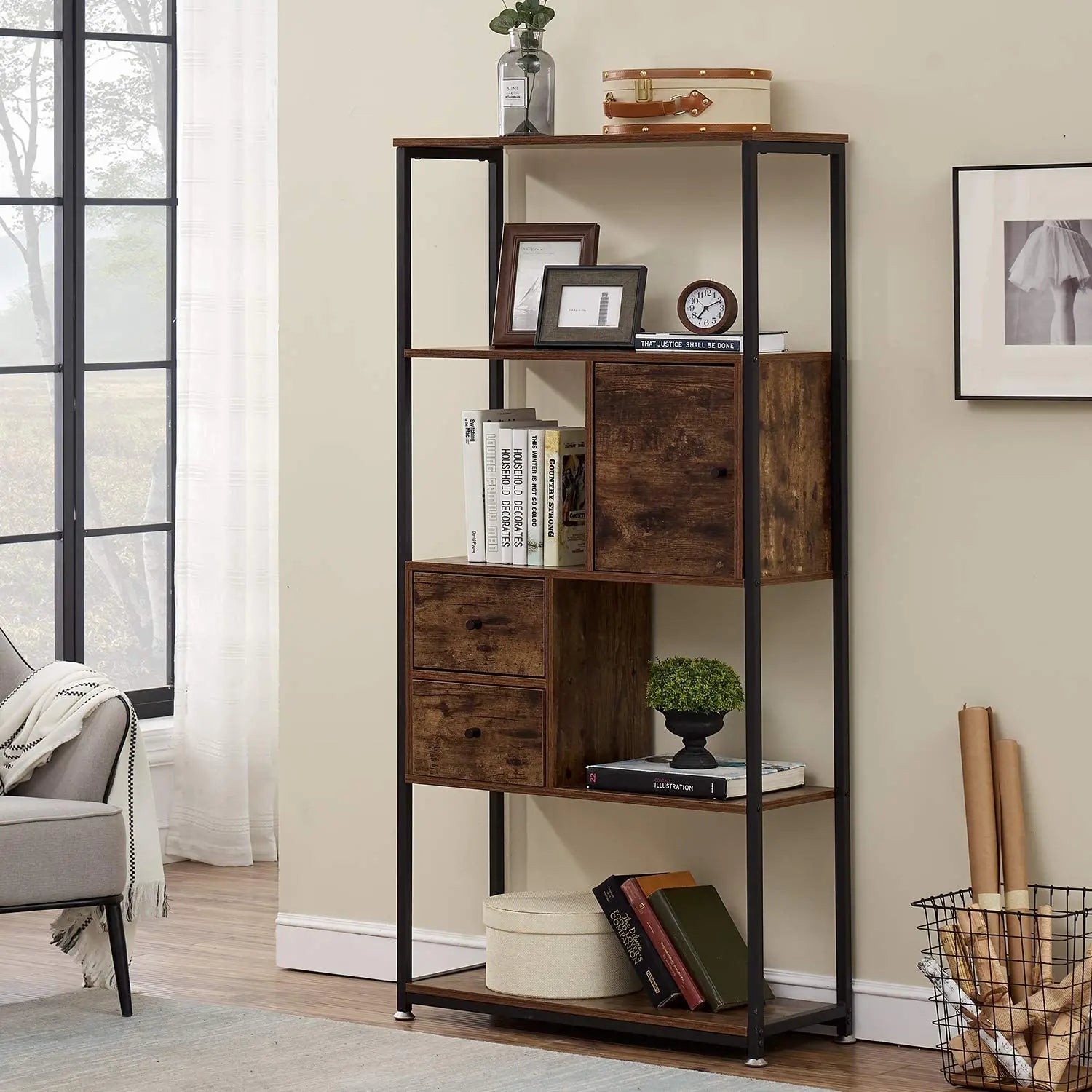 Bookcase With 2 Drawers 4 Tiers Storage Organizer Bookshelf And Cabinet For Living Room,Home Office
