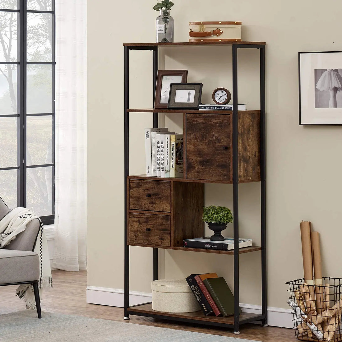 Bookcase With 2 Drawers 4 Tiers Storage Organizer Bookshelf And Cabinet For Living Room,Home Office