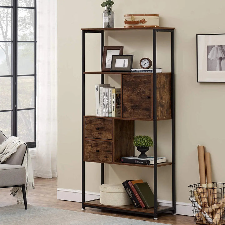 Bookcase With 2 Drawers 4 Tiers Storage Organizer Bookshelf And Cabinet For Living Room,Home Office