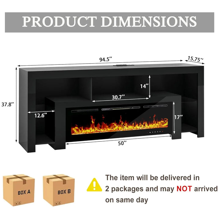 94.5" Fireplace TV Stand for TVs Up to 100", Gaming LED Entertainment Center with 50" Electric Fireplace, Modern High Gloss Medi
