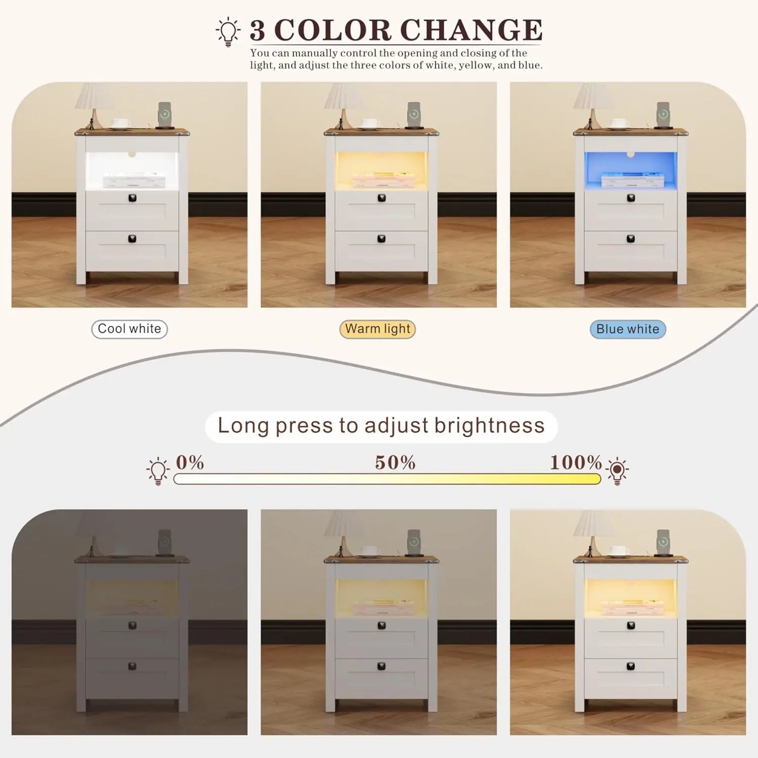 LED Nightstand Set of 2 with Gun Drawer: Bedside Table with Charging Station for Bedroom Furniture – Farmhouse, Customized
