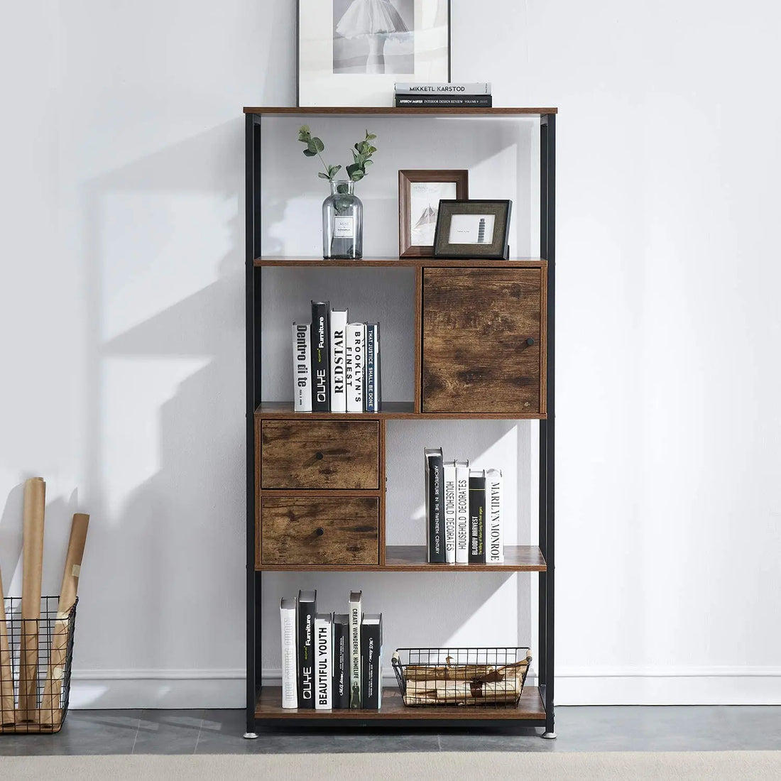 Bookcase With 2 Drawers 4 Tiers Storage Organizer Bookshelf And Cabinet For Living Room,Home Office
