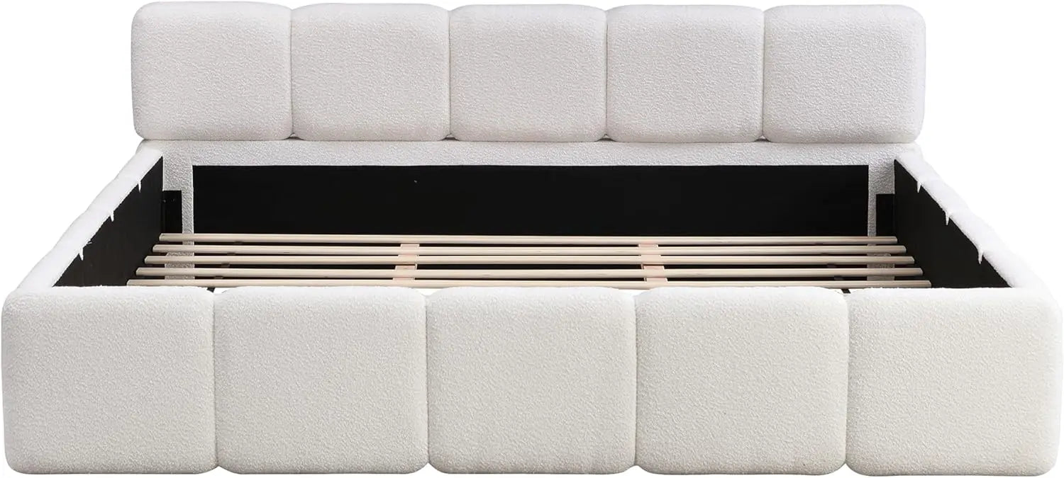 King Size Boucle Platform Bed with Thick Headboard and Footboard, Block Style Upholstery Floor Bed Frame, White