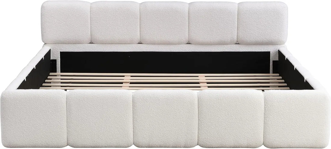 King Size Boucle Platform Bed with Thick Headboard and Footboard, Block Style Upholstery Floor Bed Frame, White