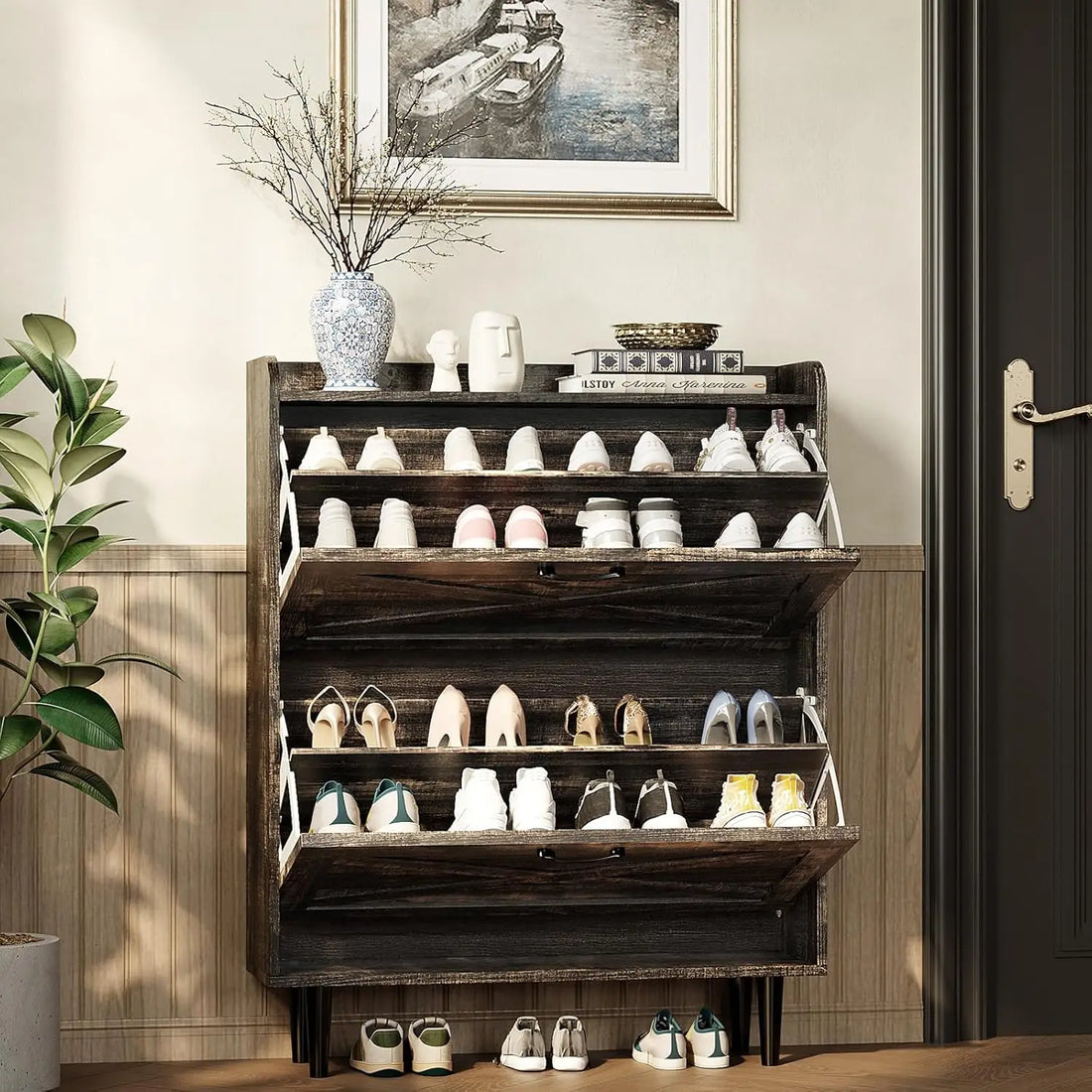 Shoe Cabinet Storage for Entryway Ultra Slim with 2 Flip &1Drop-Down Drawers, 24.8" W Narrow Shoe Cabinet for Front Door
