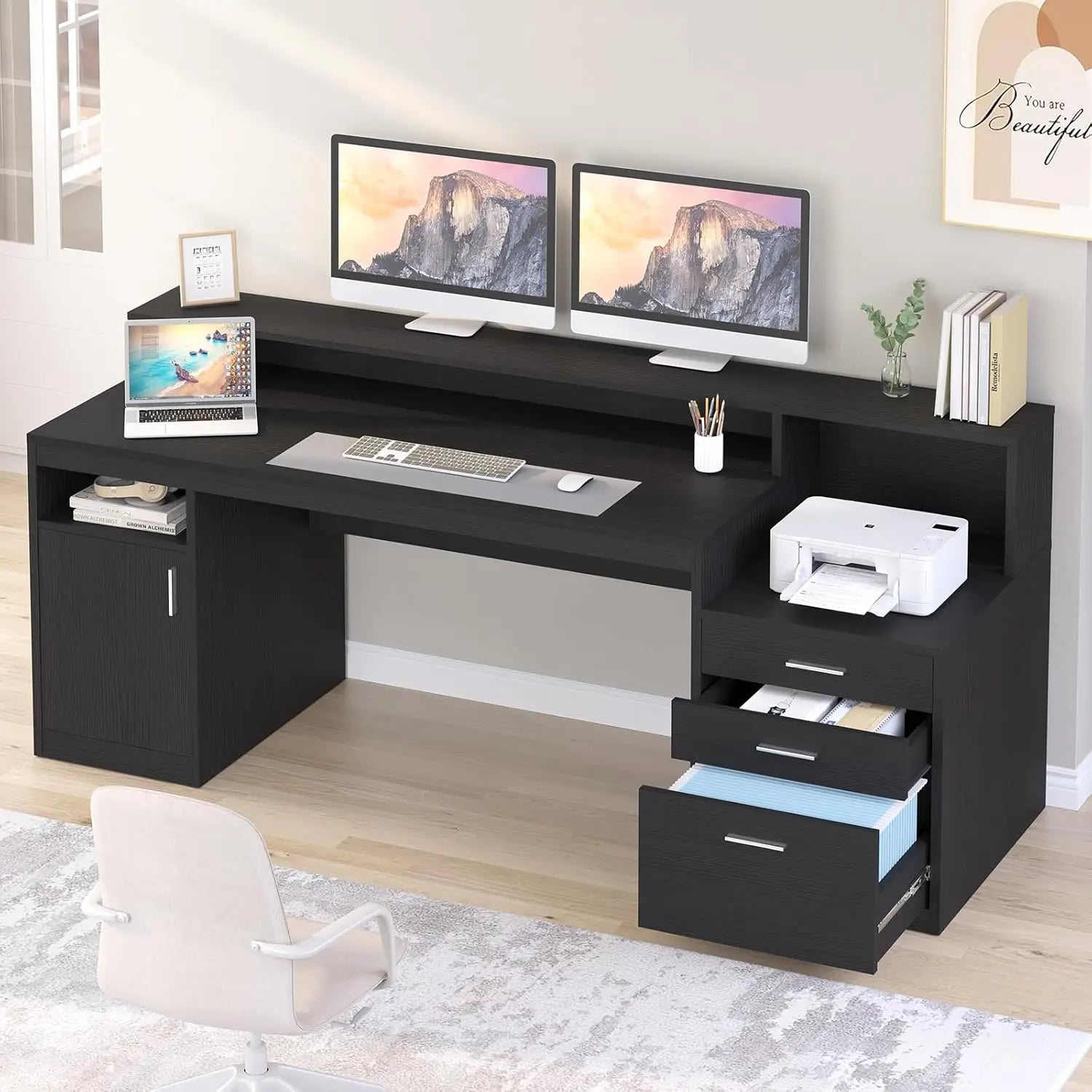 65 Inch Computer Desk with 3 Drawers & Storage Shelves, Executive Desk with File Drawer & Cabinet, Home Office Desk, Customized