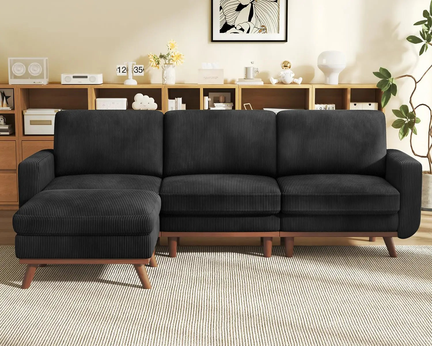 97" L-Shape Modular Sectional Sofa 3-Seat Corduroy Movable Ottoman Living Room Green, Customized