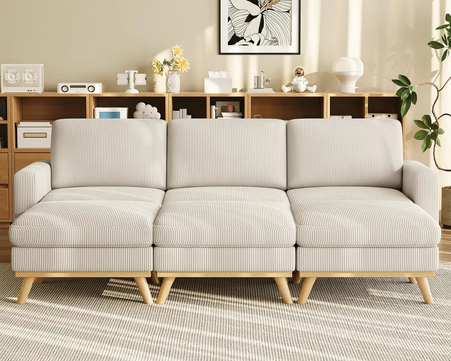 97" L-Shape Modular Sectional Sofa 3-Seat Corduroy Movable Ottoman Living Room Green, Customized