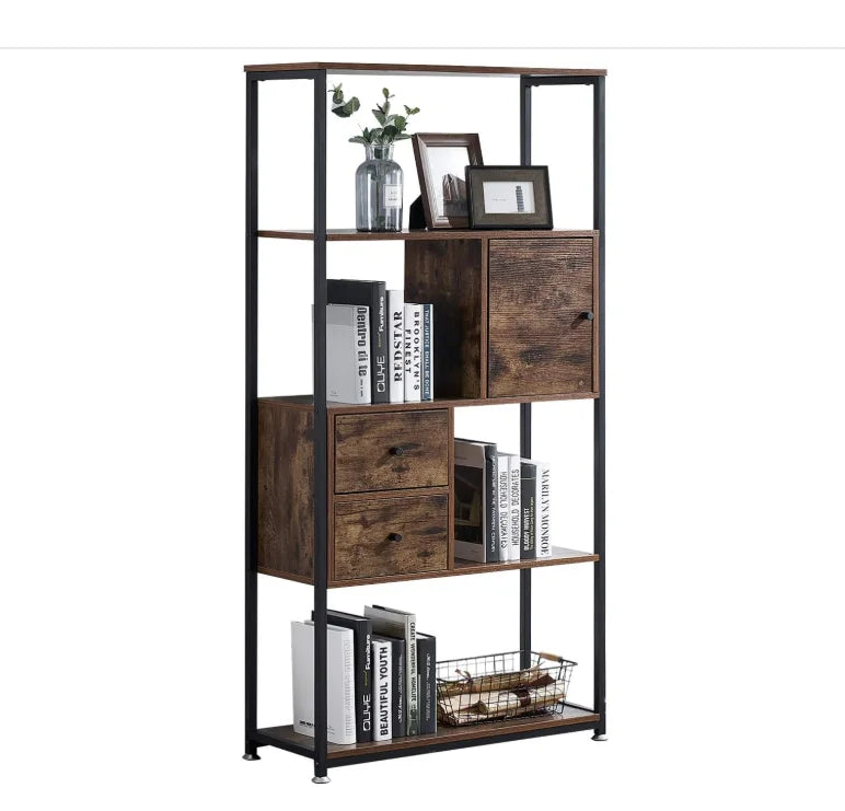 Bookcase With 2 Drawers 4 Tiers Storage Organizer Bookshelf And Cabinet For Living Room,Home Office