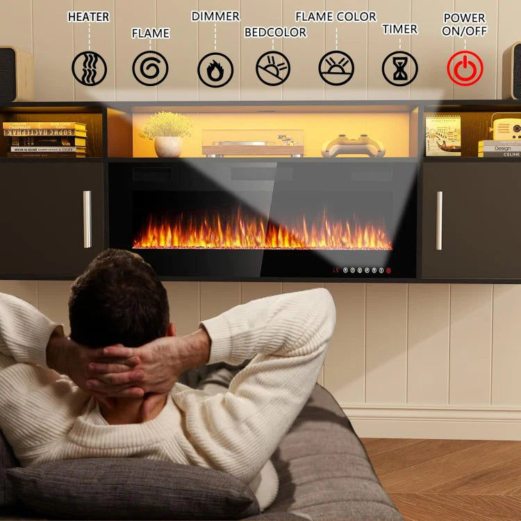 70" Floating TV Stand with 36" Electric Fireplace, High Gloss Finish Wall Mounted Electric Fireplace TV Stand with Storage and 1
